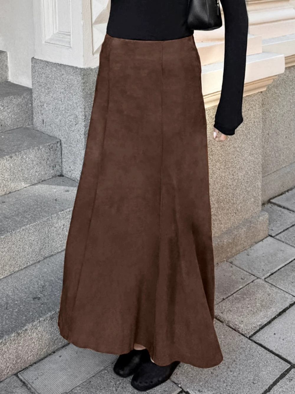 ZARA Retro Suede Brown High Waist Versatile Casual Long Skirt